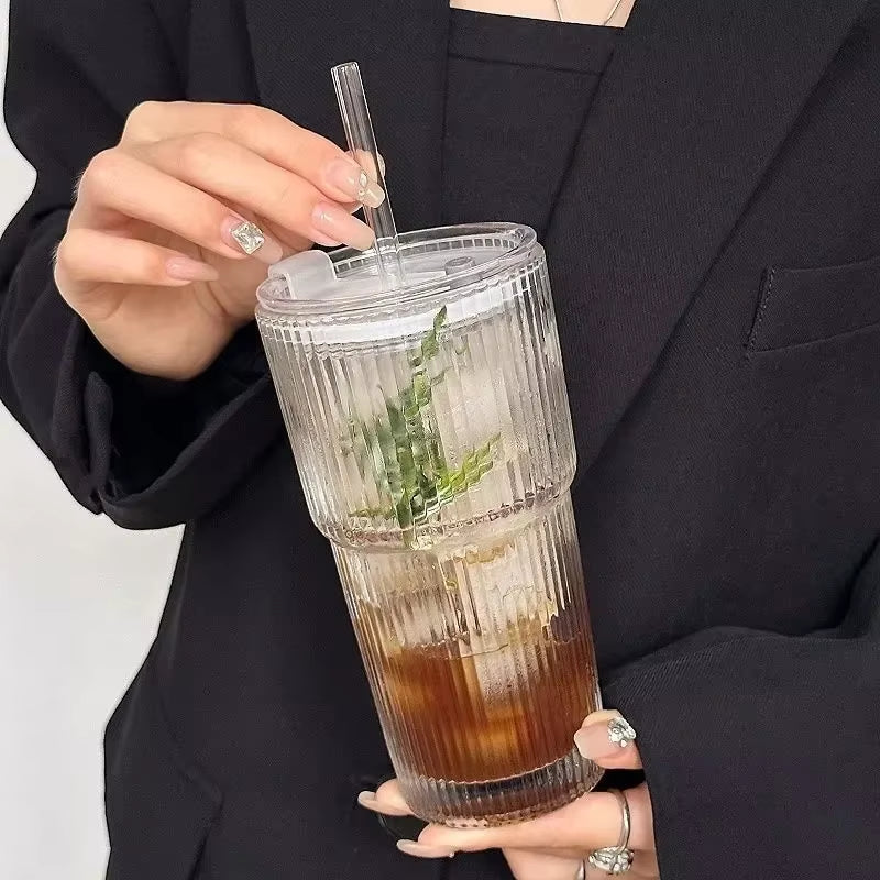 600ML Stripe Glass Coffee Cup with Lid and Straw Transparent Drinking Glasses for Juice Milk Tea Cups Iced Coffee Mugs Drinkware